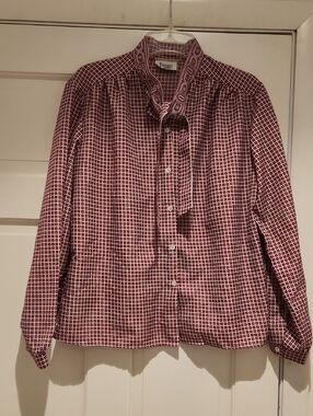 Vintage Cricket Lane Women's Burgundy Pattern Button-Up Shirt Attached Scarf